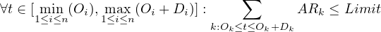                                  ∑
∀t ∈ [1 m≤iin≤n(Oi),1 m≤aix≤n(Oi + Di)] :       ARk ≤ Limit
                            k:Ok≤t≤Ok+Dk
