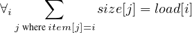        ∑
∀i            size[j] = load[i]
  j whereitem[j]=i
